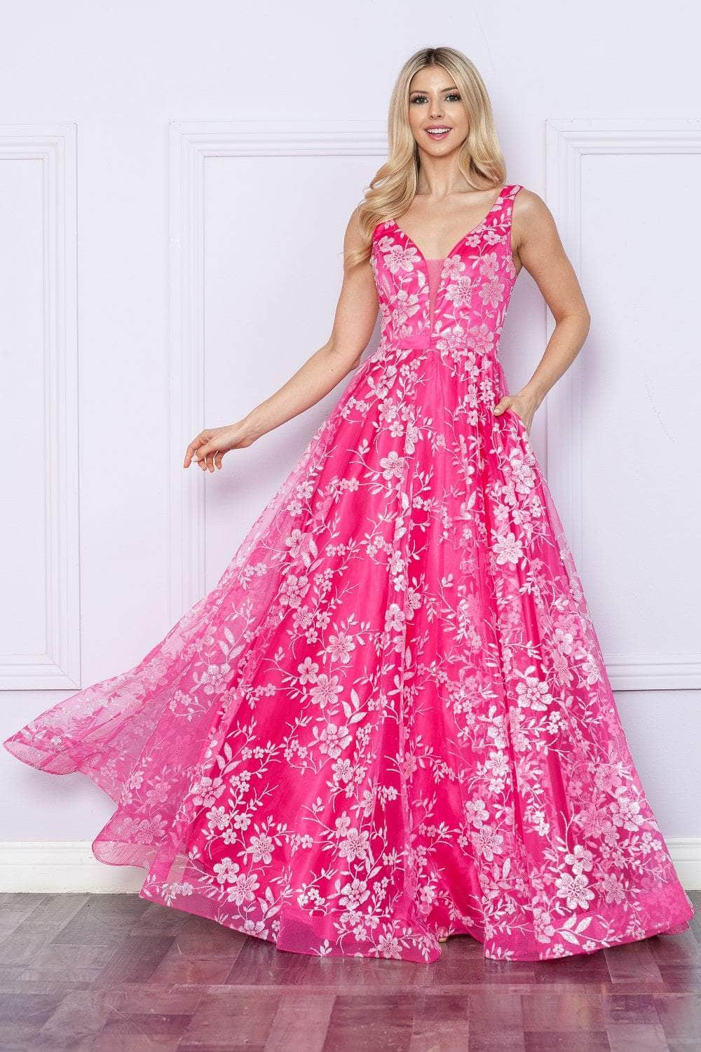 Poly USA 9298 - V-Neck Floral Prom Dress
