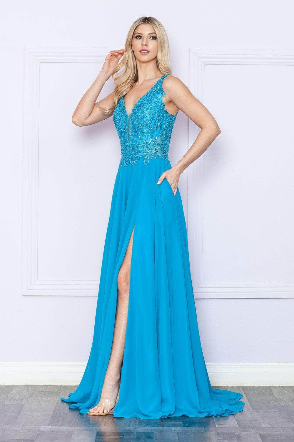 Poly USA 9366 - Sequin Embroidered V-Neck Prom Dress
