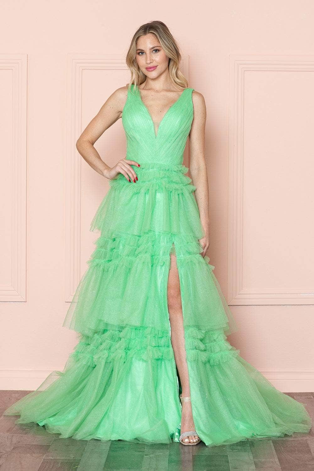 Poly USA 9406 - Glitter Sleeveless Tiered Prom Dress
