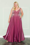 Plus Size A-line V-neck Corset Natural Waistline Floor Length Sleeveless Pocketed Beaded Prom Dress With Rhinestones