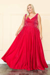 Plus Size A-line V-neck Pocketed Beaded Sleeveless Corset Natural Waistline Floor Length Prom Dress With Rhinestones