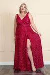 Plus Size A-line V-neck Corset Natural Waistline Floor Length Short Sleeveless Slit Sequined Prom Dress
