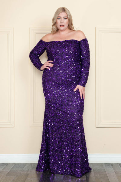Plus Size Long Sleeves Off the Shoulder Natural Waistline Mermaid Sequined Back Zipper Prom Dress with a Brush/Sweep Train