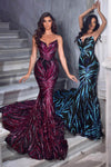 Sophisticated V-neck Strapless Natural Waistline Mermaid Plunging Neck Sequined Dress with a Brush/Sweep Train