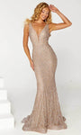 V-neck Sheath Sequined Sheer Sleeveless Natural Waistline Floor Length Lace Plunging Neck Sheath Dress/Evening Dress with a Brush/Sweep Train