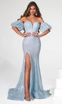 Strapless Short Natural Waistline Plunging Neck Sweetheart Mermaid Puff Sleeves Sleeves Slit Open-Back Sheer Beaded Back Zipper Evening Dress with a Brush/Sweep Train