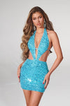 Sexy Back Zipper Sequined Beaded Sheath Halter Cocktail Short Natural Waistline Sheath Dress