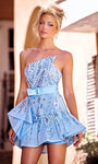 Sophisticated Strapless Asymmetric Belted Sequined Natural Waistline Short Satin Mermaid Homecoming Dress With Ruffles