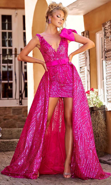 V-neck Natural Waistline Beaded Fitted Sequined Plunging Neck Sheath Short Sheath Dress With a Bow(s)