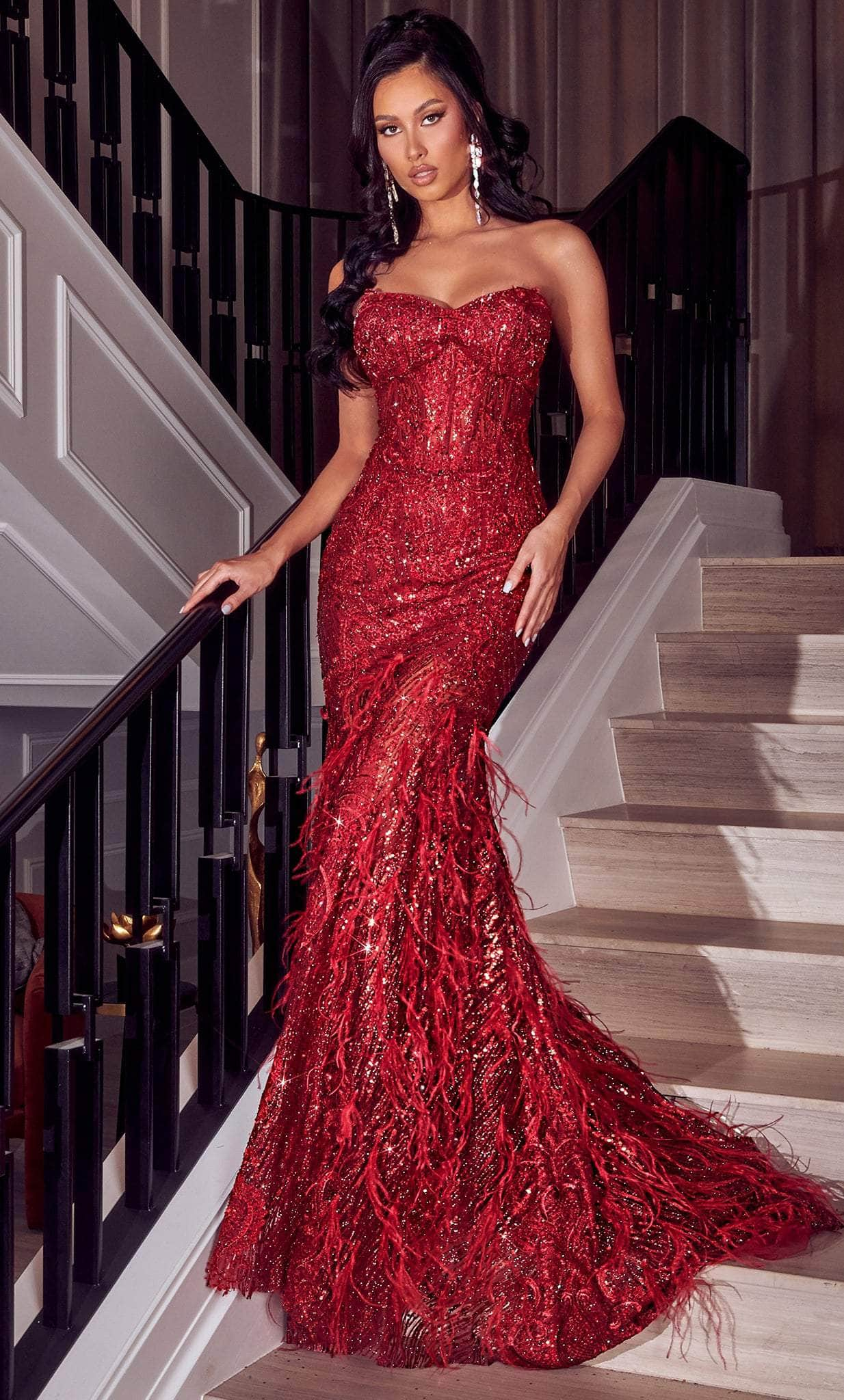 Portia and Scarlett PS23263 - Strapless Feather Trumpet Evening Gown
