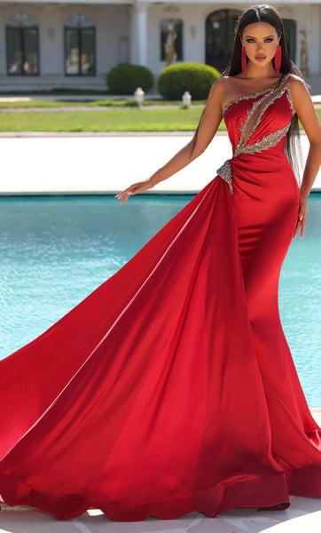 Open-Back Illusion Beaded Asymmetric Floor Length Satin One Shoulder Sleeveless Natural Waistline Sheath Sheath Dress/Evening Dress/Pageant Dress/Prom Dress with a Chapel Train