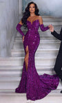 V-neck Strapless Sequined Slit Beaded Mermaid Natural Waistline Prom Dress with a Brush/Sweep Train