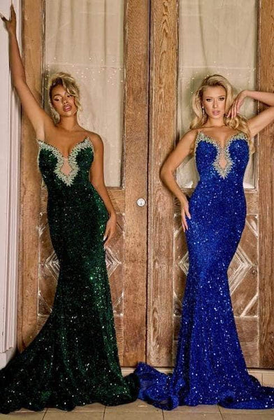 Sophisticated V-neck Strapless Plunging Neck Mermaid Illusion Jeweled Sequined Natural Waistline Prom Dress with a Brush/Sweep Train