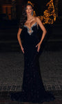 Sophisticated V-neck Strapless Sequined Jeweled Illusion Plunging Neck Natural Waistline Mermaid Prom Dress with a Brush/Sweep Train