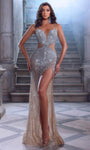 V-neck Sleeveless Spaghetti Strap Plunging Neck Slit Sequined Cutout Beaded Sheer Illusion Natural Waistline Sheath Sheath Dress/Evening Dress with a Brush/Sweep Train