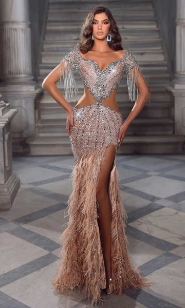 V-neck Floor Length Sheath Cutout Slit Sequined Fitted Natural Waistline Sheath Dress/Party Dress with a Brush/Sweep Train