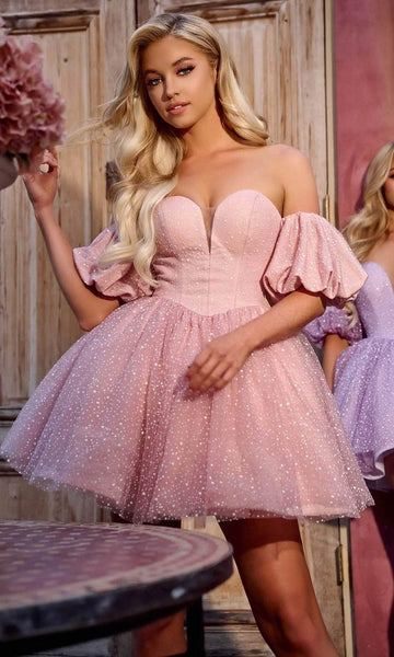 A-line Strapless Short Plunging Neck Sweetheart Puff Sleeves Sleeves Off the Shoulder Lace-Up Tiered Illusion Basque Waistline Homecoming Dress