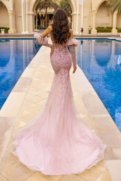 V-neck Strapless Natural Waistline Lace Plunging Neck Fitted Glittering Applique Goddess Hidden Back Zipper Open-Back Sheer Illusion Mermaid Prom Dress with a Court Train with a Brush/Sweep Train