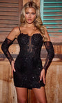 Open-Back Sheer Applique Beaded Fitted Long Sleeves Spaghetti Strap Lace Natural Waistline Cocktail Short Plunging Neck Sweetheart Fall Sheath Sheath Dress/Prom Dress/Party Dress