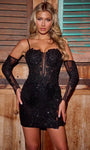 Lace Cocktail Short Fall Sheath Fitted Open-Back Sheer Beaded Applique Natural Waistline Plunging Neck Sweetheart Long Sleeves Spaghetti Strap Sheath Dress/Prom Dress/Party Dress