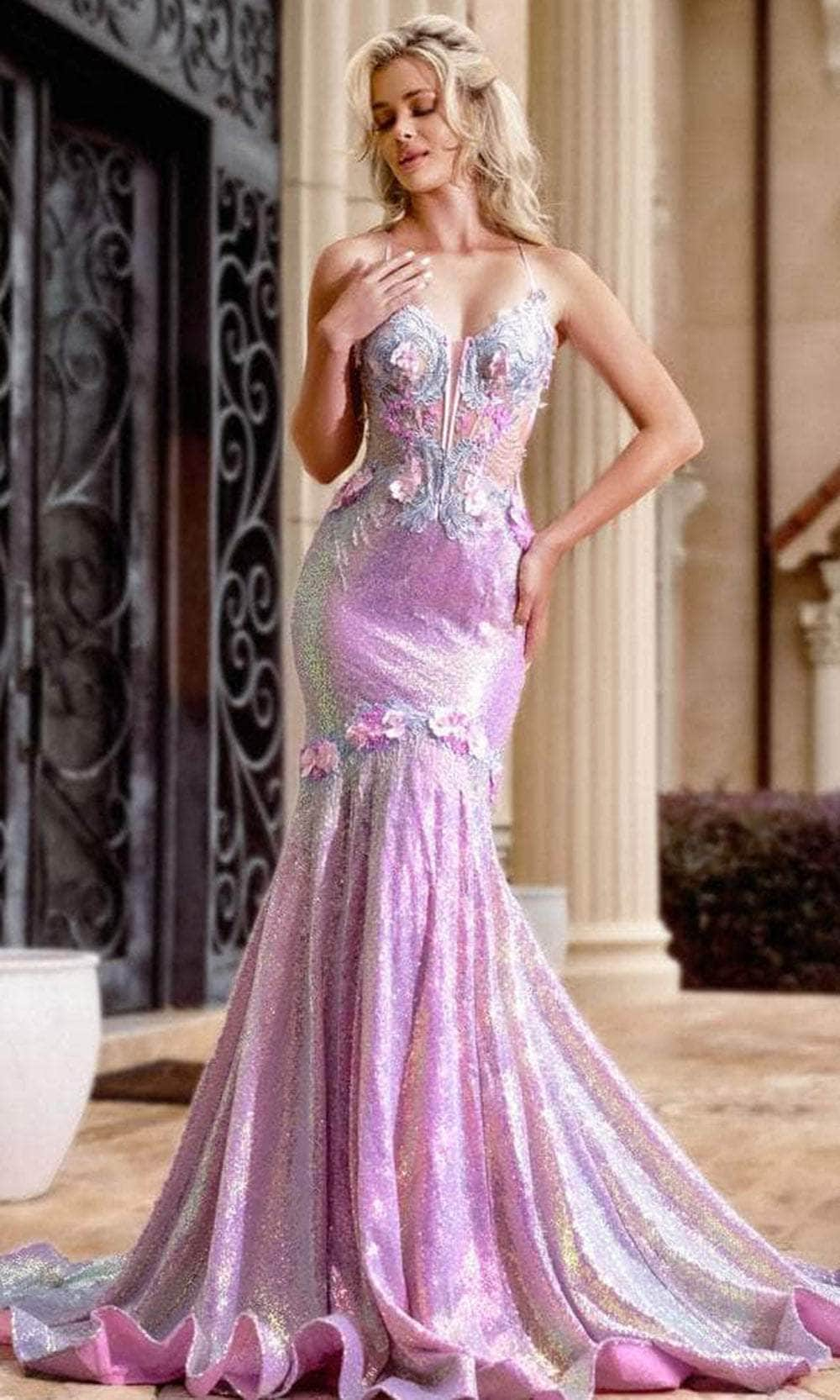 Portia and Scarlett PS24250 - Floral Appliqued Iridescent Prom Gown
