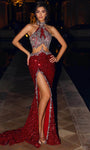 Mermaid Sleeveless Beaded Sheer Sequined Slit Open-Back Illusion Halter Natural Waistline Fall Dress with a Brush/Sweep Train