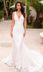 Sophisticated V-neck Natural Waistline Flutter Sleeves Sleeveless Plunging Neck Mermaid Fitted Sheer Open-Back Wedding Dress with a Chapel Train