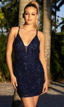 V-neck Natural Waistline Sheath Cocktail Above the Knee Sleeveless Spaghetti Strap Plunging Neck Open-Back Fitted Back Zipper Sequined Sheath Dress/Party Dress