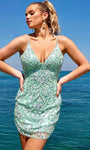 V-neck Fitted Open-Back Sequined Back Zipper Sleeveless Spaghetti Strap Sheath Natural Waistline Cocktail Above the Knee Sheath Dress/Party Dress