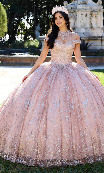 Fall Off the Shoulder Corset Natural Waistline Floor Length Sequined Glittering Lace-Up Ball Gown Quinceanera Dress With Rhinestones and Pearls