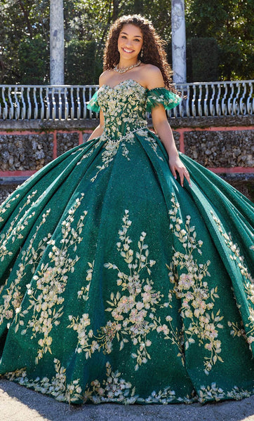 Floral Print Sweetheart Beaded Embroidered Glittering Lace-Up Pleated Lace Corset Natural Waistline Ball Gown Quinceanera Dress with a Chapel Train With Ruffles