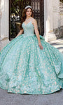 Sophisticated V-neck Floral Print Natural Waistline Winter Lace-Up Glittering Sequined Ball Gown Quinceanera Dress/Party Dress with a Chapel Train With a Bow(s)