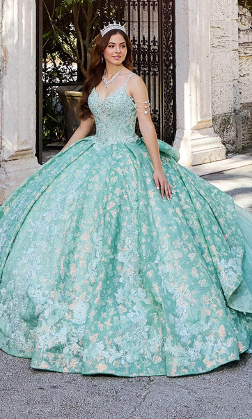 Sophisticated V-neck Floral Print Natural Waistline Lace-Up Sequined Glittering Winter Ball Gown Quinceanera Dress/Party Dress with a Chapel Train With a Bow(s)
