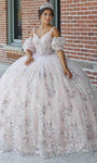 V-neck Flutter Sleeves Sleeveless Lace-Up Illusion Applique Natural Waistline Ball Gown Quinceanera Dress with a Brush/Sweep Train