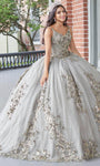 Tall V-neck Natural Waistline Floral Print Sleeveless Fitted Glittering Sequined Applique Lace-Up Ball Gown Quinceanera Dress with a Court Train