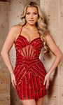 Sophisticated V-neck Tulle Sleeveless Sheath Sequined Beaded Open-Back Halter Corset Natural Waistline Cocktail Short Sheath Dress