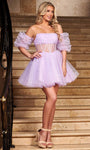 Sophisticated A-line Strapless Tulle Open-Back Lace-Up Sheer Glittering Illusion Puff Sleeves Sleeves Corset Natural Waistline Straight Neck Cocktail Short Dress