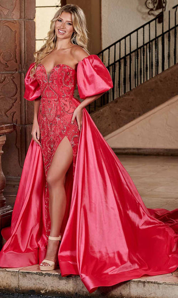 Sophisticated Strapless Fitted Beaded Slit Crystal Sheath Puff Sleeves Sleeves Taffeta Bubble Dress Plunging Neck Sweetheart Natural Waistline Sheath Dress with a Brush/Sweep Train