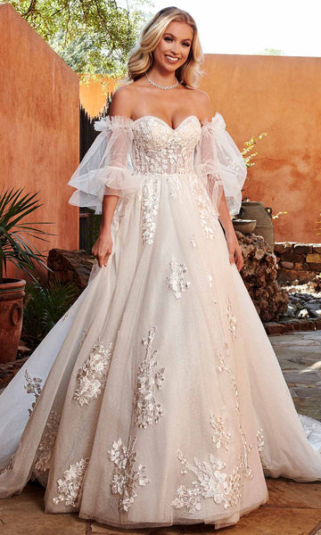 A-line Strapless Puff Sleeves Sleeves Sweetheart Natural Waistline Beaded Sequined Lace-Up Applique Sheer Glittering Floral Print Wedding Dress with a Chapel Train