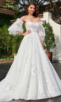 A-line Strapless Puff Sleeves Sleeves Natural Waistline Sweetheart Floral Print Beaded Sequined Applique Sheer Glittering Lace-Up Wedding Dress with a Chapel Train
