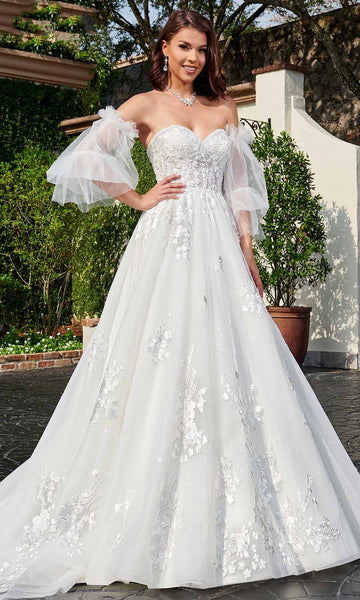 A-line Strapless Puff Sleeves Sleeves Sweetheart Beaded Applique Lace-Up Sequined Glittering Sheer Floral Print Natural Waistline Wedding Dress with a Chapel Train