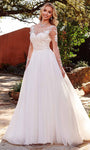 A-line Sequined Illusion Applique Beaded Sheer Natural Waistline Scoop Neck Long Sleeves Wedding Dress with a Chapel Train