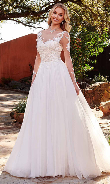 A-line Illusion Applique Sequined Sheer Beaded Natural Waistline Long Sleeves Scoop Neck Wedding Dress with a Chapel Train
