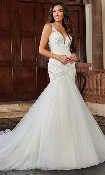 Sophisticated V-neck Plunging Neck Applique Illusion Beaded Natural Waistline Sleeveless Mermaid Wedding Dress with a Semi-Cathedral Train