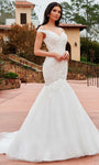 Sophisticated V-neck Fit-and-Flare Mermaid Off the Shoulder Tulle Natural Waistline Applique Fitted Button Closure Beaded Wedding Dress with a Chapel Train