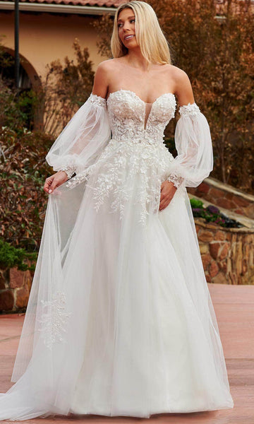 A-line Strapless Puff Sleeves Sleeves Plunging Neck Sweetheart Corset Natural Waistline Illusion Embroidered Sheer Beaded Applique Sequined Floral Print Wedding Dress with a Brush/Sweep Train