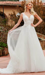 A-line V-neck Sleeveless Natural Waistline Button Closure Beaded Belted Applique Sheer Wedding Dress with a Chapel Train