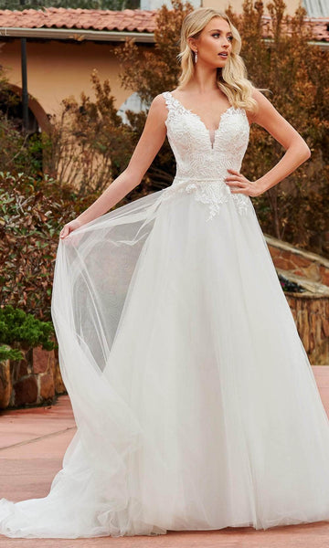 A-line V-neck Sleeveless Beaded Belted Sheer Button Closure Applique Natural Waistline Wedding Dress with a Chapel Train