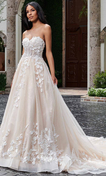 A-line Strapless Sweetheart Applique Sequined Sheer Beaded Flower(s) Corset Natural Waistline Wedding Dress with a Chapel Train