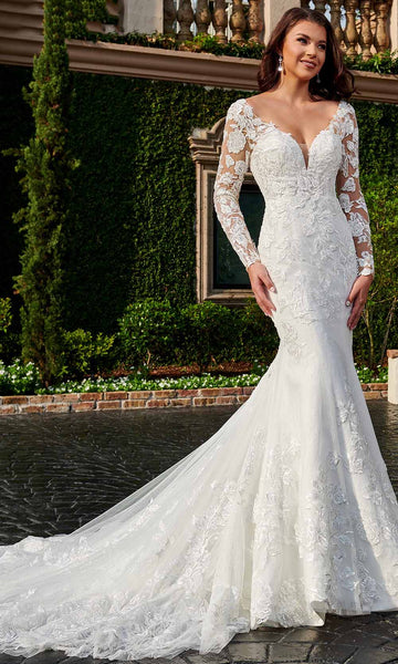 Sophisticated V-neck Mermaid Sweetheart Natural Waistline Illusion Sheer Applique Open-Back Beaded Embroidered Lace-Up Wedding Dress with a Chapel Train